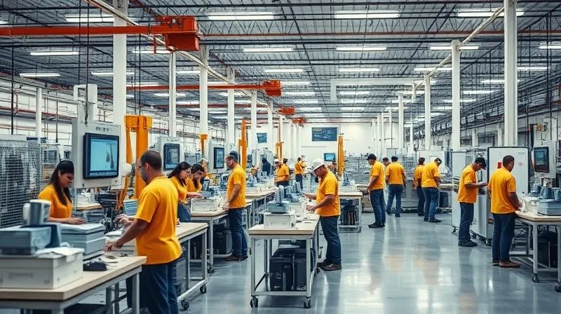 A photorealistic image of a modern, clean factory floor with several teams of workers actively engaged in their tasks, using lean tools and processes seamlessly. There's a palpable sense of continuous improvement, with visual management boards displaying real-time data and a calm, efficient flow of operations. Cinematic lighting, 8K, professional photography, sharp focus, depth of field, shot on a high-end DSLR.