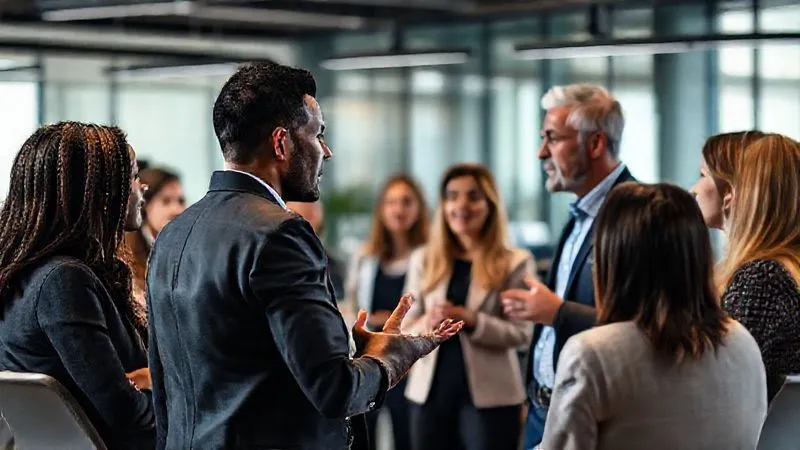 photorealistic, professional photography, 8K, cinematic lighting, sharp focus, depth of field, shot on a high-end DSLR, a diverse group of employees in a modern office setting, engaged in an open, honest discussion, one person confidently speaking while others listen attentively and nod, symbolizing psychological safety and open dialogue.