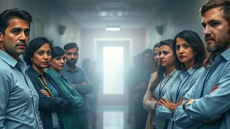 A photorealistic image of a diverse group of office workers standing in a dimly lit, foggy corridor, their expressions showing confusion and apprehension, looking at a distant, brightly lit door. The fog represents uncertainty and misinformation. Professional photography, 8K, cinematic lighting, sharp focus on their faces, depth of field blurring the background. Shot on a high-end DSLR.