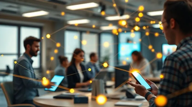 A photorealistic, professional photography, 8K image depicting a vibrant, interconnected network of communication channels in an office setting. People are seen collaborating in person, on video calls, and sending messages, with glowing lines connecting them all, symbolizing clear and consistent information flow. Cinematic lighting, sharp focus on the central interaction, depth of field blurring the background. Shot on a high-end DSLR.