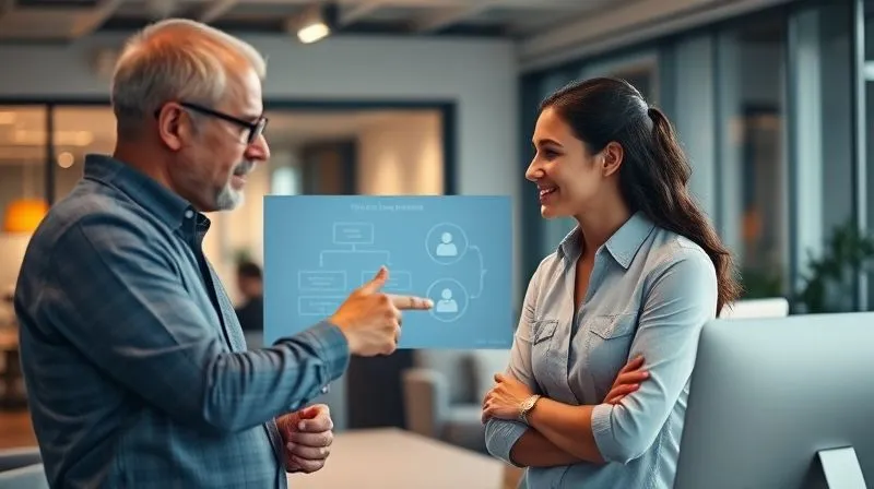 A photorealistic, professional photography, 8K image depicting a mentor guiding a mentee in a modern office. The mentor points to a screen with an intuitive workflow diagram, while the mentee looks engaged and confident. There's a subtle glow around the mentor and mentee, symbolizing knowledge transfer and support. Cinematic lighting, sharp focus on their interaction, depth of field blurring the background. Shot on a high-end DSLR.