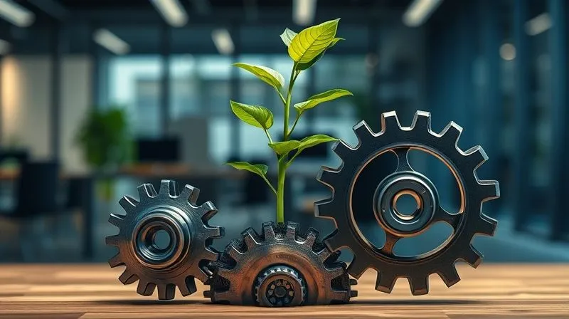 A photorealistic, professional photography, 8K image depicting a vibrant, growing plant emerging from a series of interconnected gears, symbolizing continuous iteration and organic growth in a business process. The gears are polished and moving smoothly. Cinematic lighting, sharp focus on the plant and gears, depth of field blurring a modern office background. Shot on a high-end DSLR.