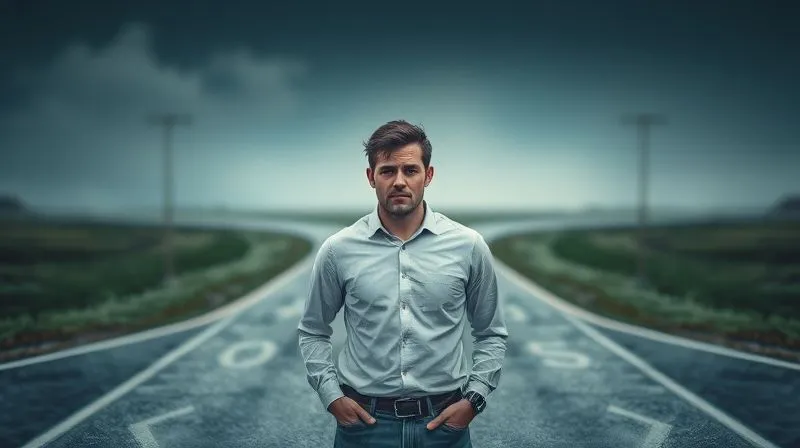 A photorealistic image of a person standing at a metaphorical crossroads, looking uncertain and slightly anxious, with blurred paths ahead, representing fear of the unknown in strategic change. professional photography, 8K, cinematic lighting, sharp focus on the individual, depth of field, shot on a high-end DSLR.
