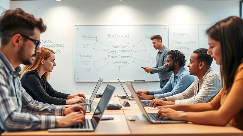A photorealistic image of diverse professionals actively participating in a modern training session, focused on laptops and whiteboards, with a supportive instructor, symbolizing skill development for strategic change. professional photography, 8K, cinematic lighting, sharp focus on the participants, depth of field, shot on a high-end DSLR.
