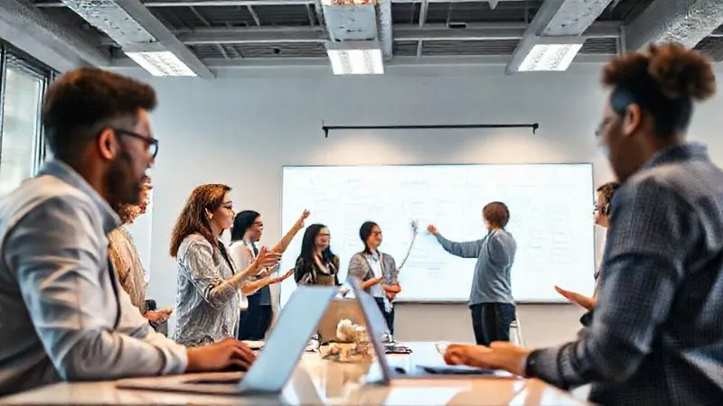 A photorealistic image of a diverse group of professionals actively engaged in a modern, brightly lit training workshop. They are collaborating on a digital whiteboard, gesturing, and discussing, with laptops open. The atmosphere is energetic and focused, symbolizing skill development and adaptation during organizational change. professional photography, 8K, cinematic lighting, sharp focus, depth of field, shot on a high-end DSLR. A photorealistic image of a diverse group of professionals actively engaged in a modern, brightly lit training workshop. They are collaborating on a digital whiteboard, gesturing, and discussing, with laptops open. The atmosphere is energetic and focused, symbolizing skill development and adaptation during organizational change. professional photography, 8K, cinematic lighting, sharp focus, depth of field, shot on a high-end DSLR.