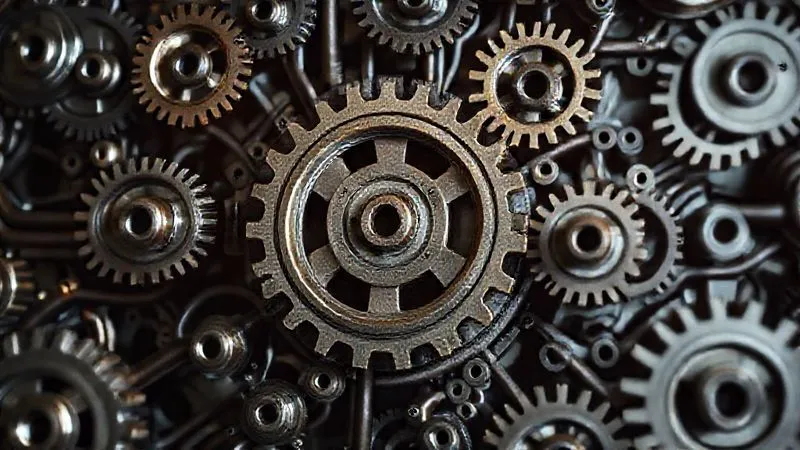 Photorealistic, professional photography, 8K, cinematic lighting, sharp focus, depth of field, shot on a high-end DSLR. A complex, interconnected web of gears and cogs, with a central, larger gear representing the franchisor, and smaller gears representing individual franchisees. The lighting highlights the intricate relationships and potential points of friction, symbolizing the franchisor's system protection strategy.