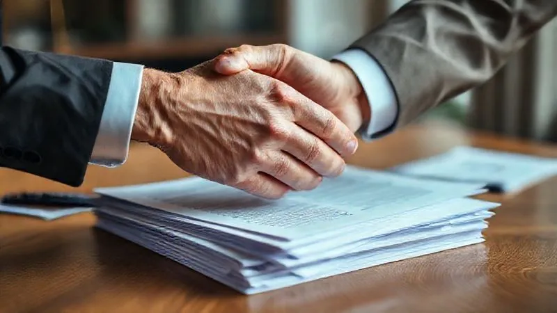 Photorealistic, professional photography, 8K, cinematic lighting, sharp focus, depth of field, shot on a high-end DSLR. A close-up shot of two hands shaking over a stack of legal documents with blurred text, symbolizing a successful negotiation or agreement. One hand is slightly older, representing experience, and the other is younger, representing the new buyer. The background is a sophisticated, softly lit office environment.