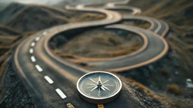 Photorealistic, professional photography, 8K, cinematic lighting, sharp focus, depth of field, shot on a high-end DSLR. A winding, complex road splitting into multiple paths, with a compass in the foreground pointing towards different strategic directions. The scene is metaphorical for alternative business strategies and exit plans, with a sense of thoughtful decision-making.