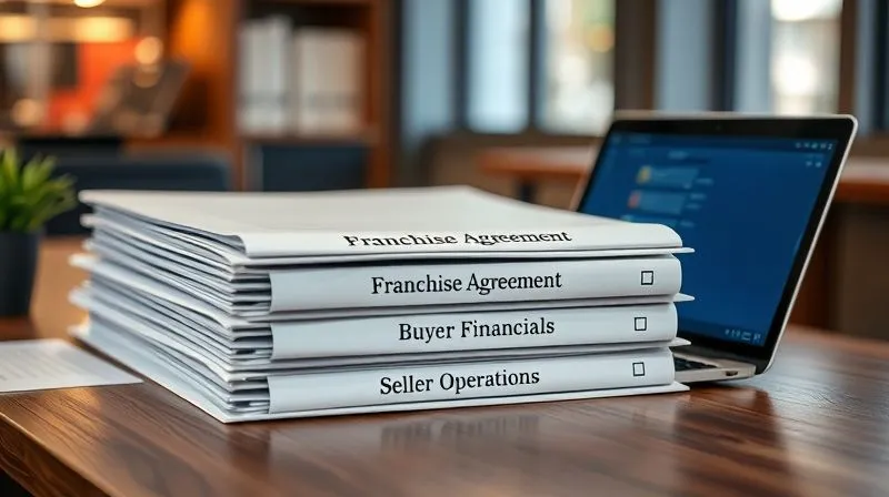 photorealistic, professional photography, 8K, cinematic lighting, sharp focus, depth of field, shot on a high-end DSLR. A perfectly organized desk with neatly stacked folders labeled 'Franchise Agreement', 'Buyer Financials', 'Seller Operations', and a laptop displaying a checklist. The scene evokes efficiency and readiness for a complex business transaction.