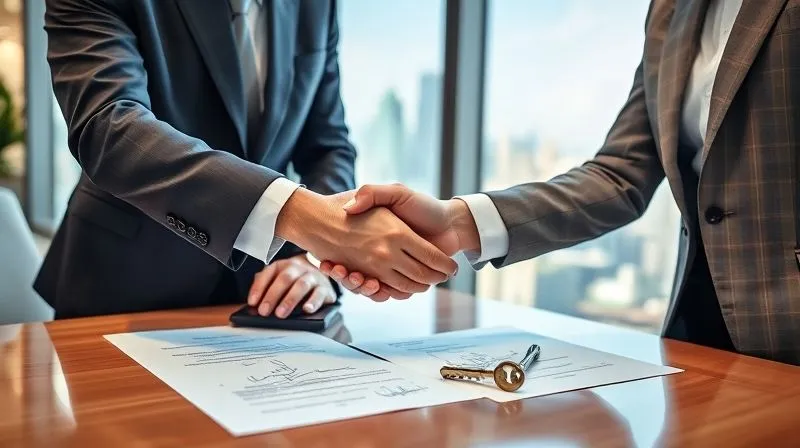 photorealistic, professional photography, 8K, cinematic lighting, sharp focus, depth of field, shot on a high-end DSLR. Two business people, one older and one younger, shaking hands warmly over a table filled with signed documents and a symbolic key. The background is a modern, clean office with a window showing a vibrant city skyline, conveying success, transition, and a new beginning.