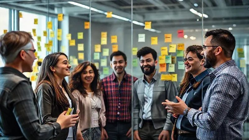 A diverse corporate team engaged in an open, vibrant brainstorming session, sticky notes covering a glass wall, expressions of active listening and collaborative energy, photorealistic, professional photography, 8K, cinematic lighting, sharp focus, depth of field, shot on a high-end DSLR.