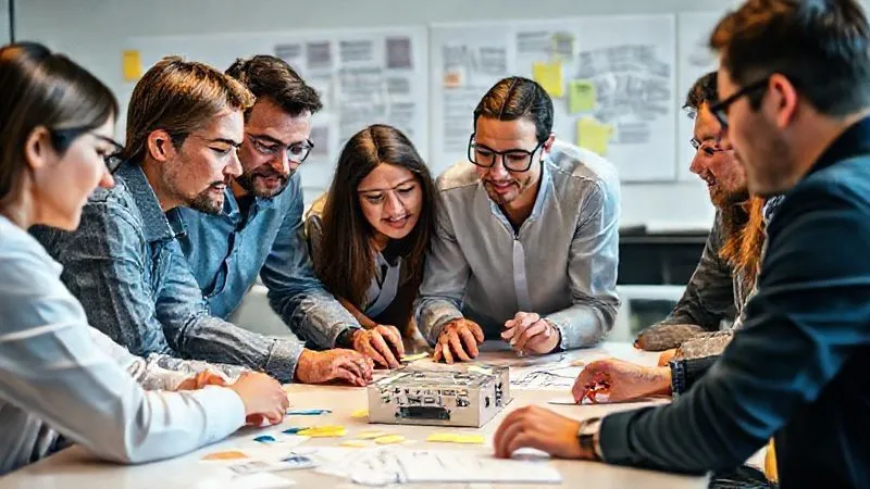 A corporate innovation team gathered around a table, actively testing a physical prototype of a new product, their faces showing engagement and critical evaluation, with sticky notes and sketches in the background, photorealistic, professional photography, 8K, cinematic lighting, sharp focus, depth of field, shot on a high-end DSLR.