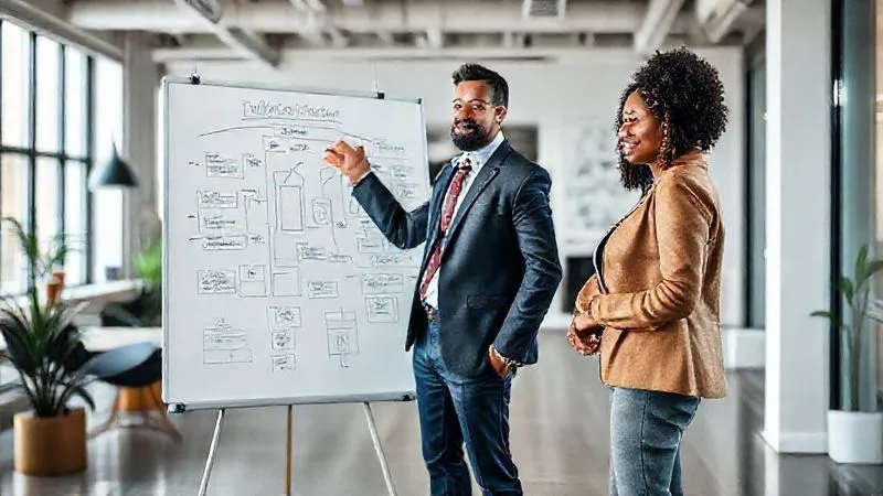 A confident, diverse business leader standing in a modern, open-plan office, gesturing towards a whiteboard covered in innovation roadmap sketches, inspiring their team, photorealistic, professional photography, 8K, cinematic lighting, sharp focus, depth of field, shot on a high-end DSLR.
