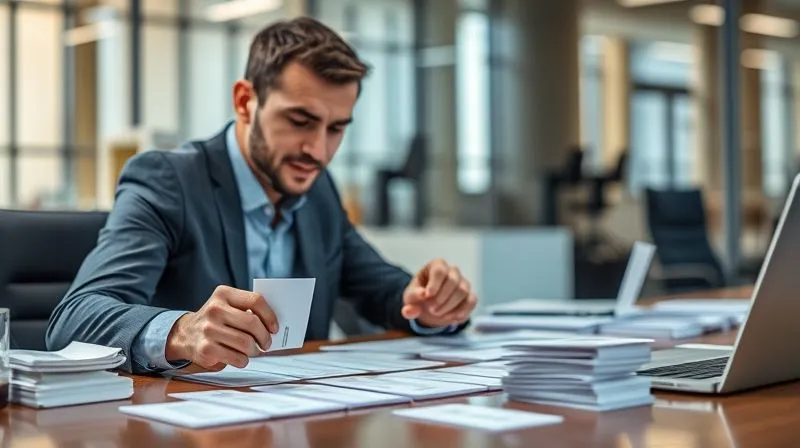 A photorealistic image of an executive meticulously organizing index cards or digital notes on a large desk, with each card representing a specific achievement or strength. The executive has a focused, confident expression. Cinematic lighting highlights the organized workspace, sharp focus on the task, depth of field blurring a modern office background. 8K hyper-detailed, professional photography, shot on a high-end DSLR.
