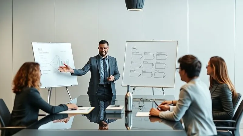 A photorealistic image of a diverse executive team collaborating around a large, modern conference table. The lead executive is gesturing towards a whiteboard, actively listening to a team member who is confidently presenting. The scene conveys trust, empowerment, and shared leadership. Cinematic lighting, sharp focus on the interactions, depth of field blurring the background. 8K hyper-detailed, professional photography, shot on a high-end DSLR.