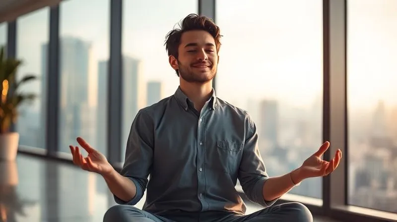 A photorealistic image of an executive practicing mindfulness meditation in a serene, modern office space with large windows overlooking a city. The executive appears calm and focused, with soft, natural light illuminating the scene. Cinematic lighting, sharp focus on the executive's peaceful expression, depth of field blurring the city outside. 8K hyper-detailed, professional photography, shot on a high-end DSLR.