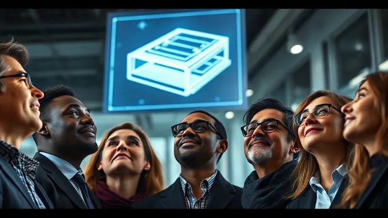 A photorealistic image of a diverse group of business leaders looking up at a holographic projection of a futuristic product, their faces illuminated with awe and determination. The projection shows a sleek, innovative device solving a complex global problem. Cinematic lighting, sharp focus on their expressions, depth of field blurring a modern office background. 8K hyper-detailed.