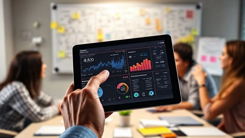 A photorealistic image of a hand holding a tablet displaying a complex data dashboard with charts and graphs, while another hand points to a specific metric. In the background, a diverse team is brainstorming in front of a whiteboard filled with sticky notes and flowcharts. Cinematic lighting, sharp focus on the tablet, depth of field blurring the background. 8K hyper-detailed.