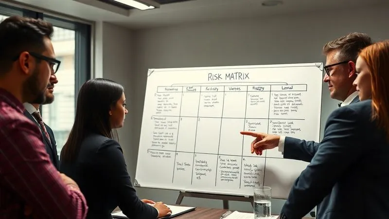A photorealistic image of a diverse group of business professionals gathered around a large whiteboard, where a complex risk matrix is being drawn. One person is pointing to a specific mitigation strategy. The atmosphere is serious but collaborative. Cinematic lighting, sharp focus on the whiteboard and the team's engaged expressions. 8K hyper-detailed.