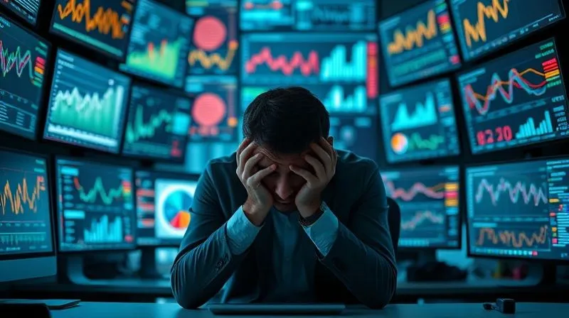 A photorealistic image of a person sitting at a desk, head in hands, surrounded by stacks of glowing digital screens displaying complex charts and graphs, looking overwhelmed and stressed. Cinematic lighting, sharp focus on the person, depth of field blurring the background chaos, 8K hyper-detailed. A photorealistic image of a person sitting at a desk, head in hands, surrounded by stacks of glowing digital screens displaying complex charts and graphs, looking overwhelmed and stressed. Cinematic lighting, sharp focus on the person, depth of field blurring the background chaos, 8K hyper-detailed.