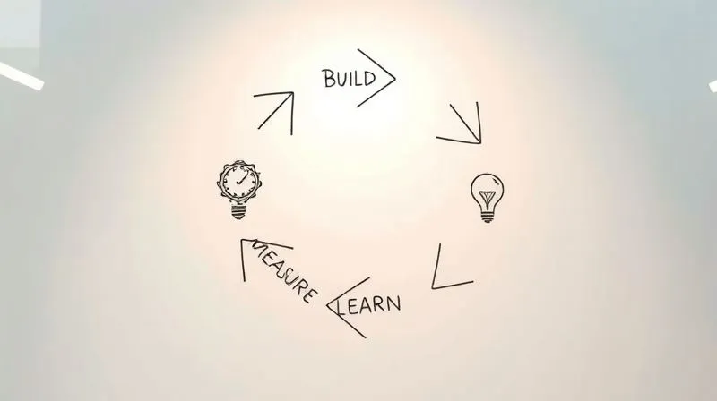 A photorealistic diagram showing a cyclical arrow flow: 'BUILD' leading to 'MEASURE', leading to 'LEARN', and back to 'BUILD'. Each step is represented by a distinct icon: 'BUILD' with a gear, 'MEASURE' with a bar chart, 'LEARN' with a lightbulb. The background is a clean, modern whiteboard with faint strategic notes. Cinematic lighting, 8K, sharp focus. A photorealistic diagram showing a cyclical arrow flow: 'BUILD' leading to 'MEASURE', leading to 'LEARN', and back to 'BUILD'. Each step is represented by a distinct icon: 'BUILD' with a gear, 'MEASURE' with a bar chart, 'LEARN' with a lightbulb. The background is a clean, modern whiteboard with faint strategic notes. Cinematic lighting, 8K, sharp focus.