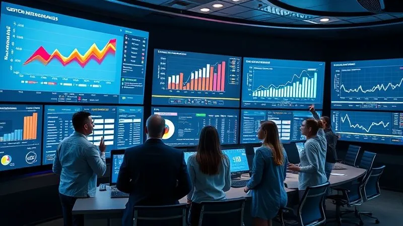 A photorealistic, sleek control room with multiple large screens displaying various data visualizations: a heat map of customer demographics, a bar chart of sales growth, and a line graph of market trends. A diverse team of professionals is collaboratively interacting with the screens, pointing at insights. Cinematic lighting, 8K, sharp focus, professional setting. A photorealistic, sleek control room with multiple large screens displaying various data visualizations: a heat map of customer demographics, a bar chart of sales growth, and a line graph of market trends. A diverse team of professionals is collaboratively interacting with the screens, pointing at insights. Cinematic lighting, 8K, sharp focus, professional setting.