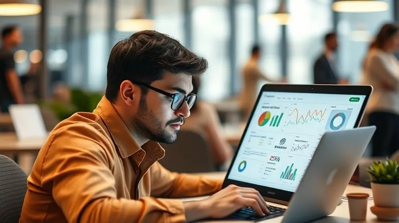 A photorealistic image of a salesperson intently researching on a laptop, with a blurred background of a bustling office. Screen shows data points and company logos. Professional photography, 8K, cinematic lighting, sharp focus on the salesperson's face and laptop screen, depth of field, shot on a high-end DSLR. A photorealistic image of a salesperson intently researching on a laptop, with a blurred background of a bustling office. Screen shows data points and company logos. Professional photography, 8K, cinematic lighting, sharp focus on the salesperson's face and laptop screen, depth of field, shot on a high-end DSLR.