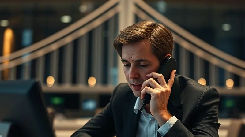 A photorealistic image of a salesperson on the phone, leaning slightly forward, a thoughtful expression on their face, as if actively listening and considering a strategic response. A subtle visual of a 'bridge' forming in the background. Professional photography, 8K, cinematic lighting, sharp focus on the salesperson, depth of field, shot on a high-end DSLR. A photorealistic image of a salesperson on the phone, leaning slightly forward, a thoughtful expression on their face, as if actively listening and considering a strategic response. A subtle visual of a 'bridge' forming in the background. Professional photography, 8K, cinematic lighting, sharp focus on the salesperson, depth of field, shot on a high-end DSLR.
