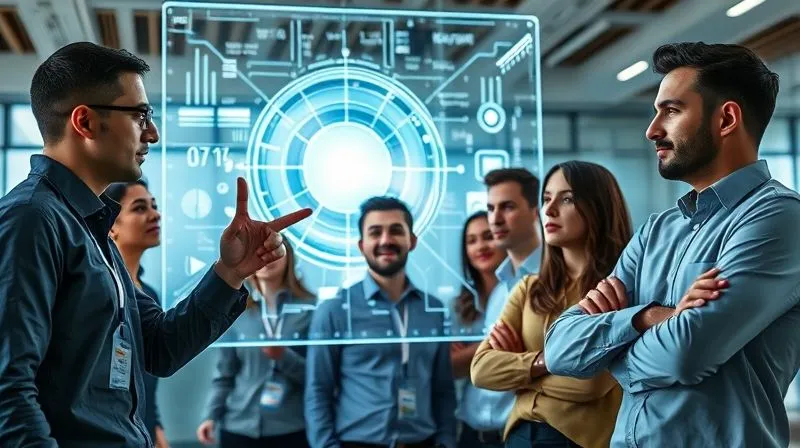 A photorealistic image of a diverse group of employees in a modern office looking at a complex, glowing holographic interface with expressions ranging from curiosity to mild apprehension. One person is pointing to a data point, another is leaning back with crossed arms, symbolizing varying levels of acceptance. Cinematic lighting, sharp focus on faces, depth of field, 8K hyper-detailed, professional photography, shot on a high-end DSLR. A photorealistic image of a diverse group of employees in a modern office looking at a complex, glowing holographic interface with expressions ranging from curiosity to mild apprehension. One person is pointing to a data point, another is leaning back with crossed arms, symbolizing varying levels of acceptance. Cinematic lighting, sharp focus on faces, depth of field, 8K hyper-detailed, professional photography, shot on a high-end DSLR.