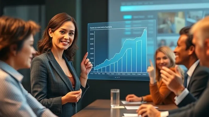 A photorealistic image of a professional woman presenting a glowing holographic chart showing significant positive growth trends and reduced risk indicators to a diverse, engaged board of directors. The woman's expression is confident, and the board members are nodding in approval. Cinematic lighting, sharp focus on the presentation and faces, depth of field, 8K hyper-detailed, professional photography, shot on a high-end DSLR. A photorealistic image of a professional woman presenting a glowing holographic chart showing significant positive growth trends and reduced risk indicators to a diverse, engaged board of directors. The woman's expression is confident, and the board members are nodding in approval. Cinematic lighting, sharp focus on the presentation and faces, depth of field, 8K hyper-detailed, professional photography, shot on a high-end DSLR.