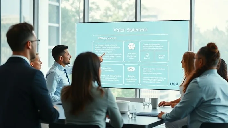 photorealistic, professional photography, 8K, cinematic lighting, sharp focus, depth of field, shot on a high-end DSLR. A diverse group of business professionals in a modern, sunlit conference room, gathered around a large transparent screen displaying a clear, inspiring vision statement and strategic roadmap, with everyone looking engaged and aligned. The leader is pointing to key elements on the screen, fostering a sense of shared purpose and excitement.