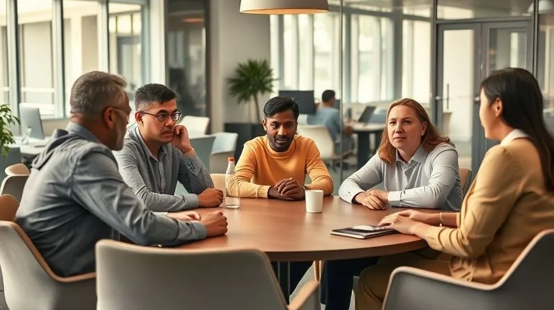 photorealistic, professional photography, 8K, cinematic lighting, sharp focus, depth of field, shot on a high-end DSLR. A diverse group of employees and a leader sitting around a circular table in a modern office, engaged in a candid, empathetic conversation. The leader is leaning forward, actively listening to an employee who is speaking, with an expression of understanding and concern. The atmosphere is open and trusting, with warm, natural light.