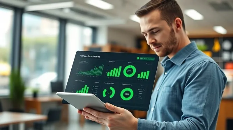 A photorealistic image of a franchisee manager looking at a dashboard on a tablet, displaying real-time compliance metrics with green indicators, surrounded by a subtle digital interface overlay, a modern and clean office environment in the background, cinematic lighting, sharp focus on the tablet, depth of field blurring the background, 8K hyper-detailed, professional photography, shot on a high-end DSLR.