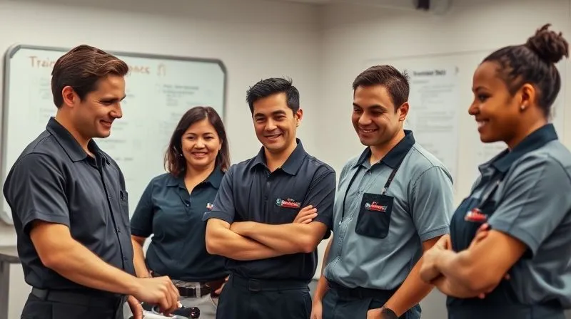 A photorealistic image of a diverse team of franchise employees in uniform, smiling and engaged in a training session, one employee demonstrating a task while others observe intently, a whiteboard with operational checklists in the background, a feeling of camaraderie and shared purpose, cinematic lighting, sharp focus on the team, depth of field blurring the background, 8K hyper-detailed, professional photography, shot on a high-end DSLR.