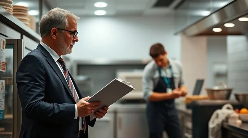 A photorealistic image of a professional auditor in business attire, clipboard in hand, respectfully observing a franchise employee performing a task in a clean, well-lit kitchen, the employee is focused and following procedure, a sense of calm and efficiency, cinematic lighting, sharp focus on both individuals, depth of field blurring the background, 8K hyper-detailed, professional photography, shot on a high-end DSLR.