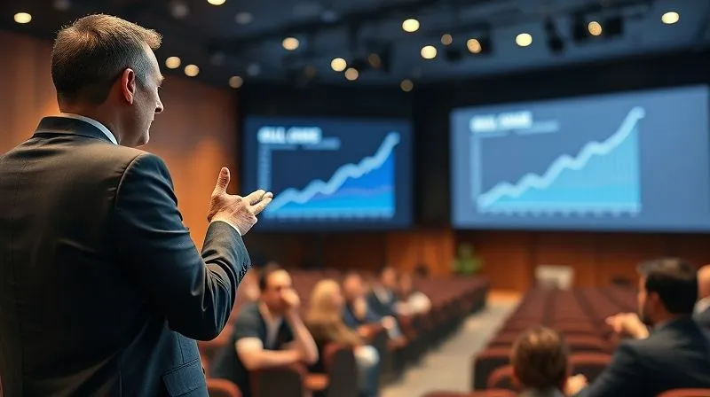 A photorealistic image of a business presenter in a modern auditorium, confidently gesturing towards a large, clear screen displaying an elegant, simple data visualization (e.g., a single compelling line graph showing significant growth) with a clear, concise headline, cinematic lighting, sharp focus on the presenter and screen, depth of field blurring the audience, 8K hyper-detailed, professional photography A photorealistic image of a business presenter in a modern auditorium, confidently gesturing towards a large, clear screen displaying an elegant, simple data visualization (e.g., a single compelling line graph showing significant growth) with a clear, concise headline, cinematic lighting, sharp focus on the presenter and screen, depth of field blurring the audience, 8K hyper-detailed, professional photography