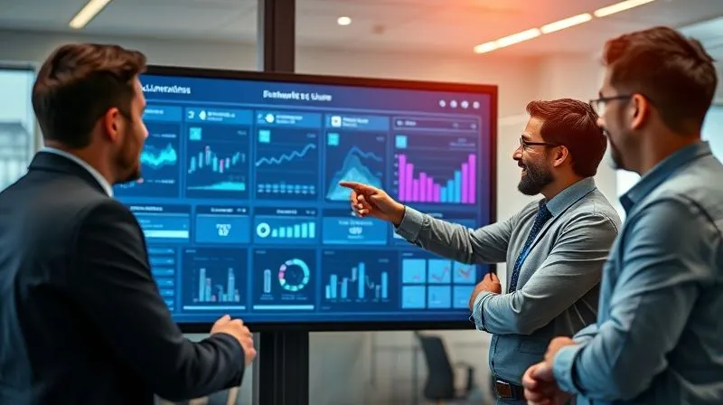 A photorealistic image of a diverse group of business professionals collaborating around a large interactive screen displaying a collaborative data dashboard, one leader is actively engaging, pointing to a data point while fostering discussion, representing a data-driven culture, cinematic lighting, sharp focus on the faces and screen, depth of field blurring the background, 8K hyper-detailed, professional photography A photorealistic image of a diverse group of business professionals collaborating around a large interactive screen displaying a collaborative data dashboard, one leader is actively engaging, pointing to a data point while fostering discussion, representing a data-driven culture, cinematic lighting, sharp focus on the faces and screen, depth of field blurring the background, 8K hyper-detailed, professional photography