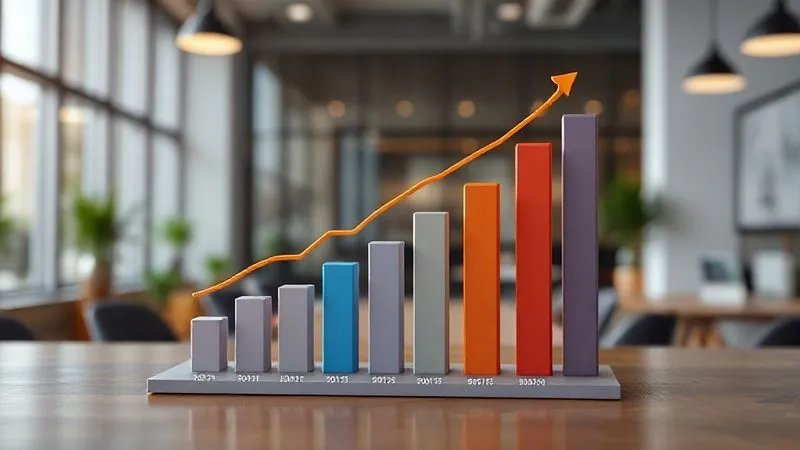 A photorealistic 3D bar chart showing market growth projections for a new product, with clear labels and a trend line indicating positive trajectory. Cinematic lighting, sharp focus on the data points, depth of field blurring the background of a modern office, 8K, shot on a high-end DSLR.