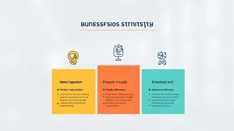 A photorealistic, modern infographic visually breaking down a complex business strategy into three core pillars: Market Expansion, Product Innovation, and Operational Efficiency. Each pillar has concise bullet points and relevant icons. Clean design, professional aesthetic, cinematic lighting, 8K, sharp focus, depth of field, shot on a high-end DSLR.
