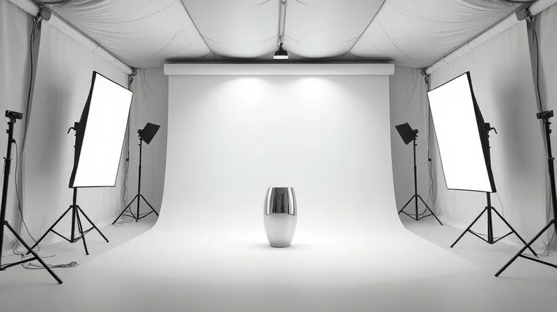 A well-organized, professional product photography studio setup with a large white light tent, diffused LED panels on either side, a seamless matte white background, and a reflective product (e.g., a polished silver vase) positioned centrally. The scene should exude professionalism and control. Photorealistic, professional photography, 8K, cinematic lighting, sharp focus, depth of field, shot on a high-end DSLR. A well-organized, professional product photography studio setup with a large white light tent, diffused LED panels on either side, a seamless matte white background, and a reflective product (e.g., a polished silver vase) positioned centrally. The scene should exude professionalism and control. Photorealistic, professional photography, 8K, cinematic lighting, sharp focus, depth of field, shot on a high-end DSLR.