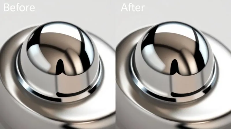 A dual image showing a reflective product photo side-by-side. The 'before' image shows a subtle but noticeable glare on a polished silver product. The 'after' image shows the same product with the glare expertly and subtly removed, details enhanced, and colors balanced, demonstrating professional post-production refinement. Photorealistic, professional photography, 8K, sharp focus, cinematic lighting. A dual image showing a reflective product photo side-by-side. The 'before' image shows a subtle but noticeable glare on a polished silver product. The 'after' image shows the same product with the glare expertly and subtly removed, details enhanced, and colors balanced, demonstrating professional post-production refinement. Photorealistic, professional photography, 8K, sharp focus, cinematic lighting.