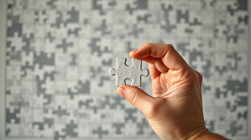 A photorealistic image depicting a person's hand holding a single piece of a complex jigsaw puzzle, looking confused, while in the background, a complete, clear puzzle diagram is visible, representing the shift from intuition to data. Cinematic lighting, sharp focus on the hand and puzzle piece, depth of field. Professional photography, 8K, shot on a high-end DSLR.