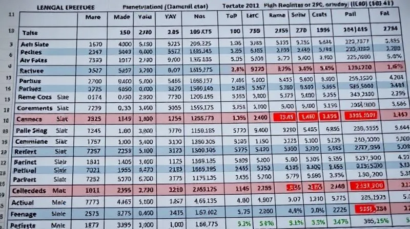 A photorealistic image of a detailed financial ledger or spreadsheet, with certain rows and columns highlighted in red, indicating areas of leakage or decline. Overhead shot, professional lighting, sharp focus on the highlighted data, depth of field blurring the edges. Professional photography, 8K, shot on a high-end DSLR.