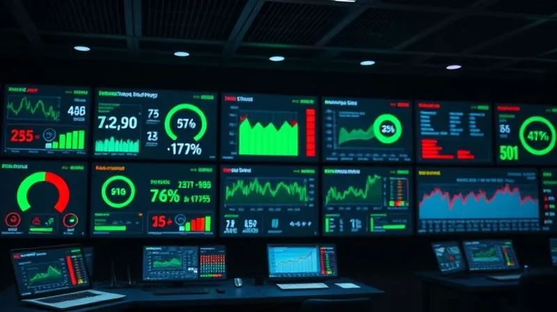 A photorealistic image of a sleek, modern data dashboard displayed on multiple screens in a dimly lit control room, showing various financial metrics with clear green and red indicators. The overall atmosphere is one of proactive monitoring and control. Professional photography, 8K, cinematic lighting, sharp focus. Shot on a high-end DSLR.