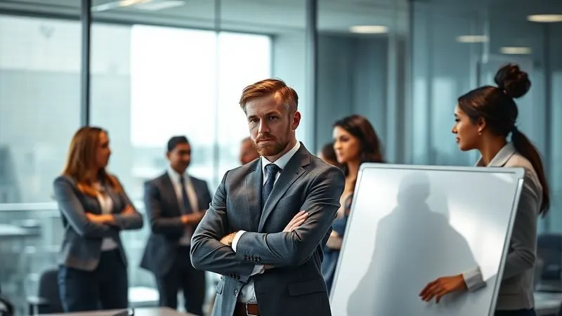 Photorealistic image of a diverse group of business professionals in a modern, glass-walled conference room. One person stands with arms crossed, a skeptical expression on their face, while another tries to explain something on a whiteboard. Cinematic lighting highlights the tension, sharp focus on their faces, depth of field blurring the background. Professional photography, 8K, shot on a high-end DSLR. Evokes a sense of internal disagreement and challenge.