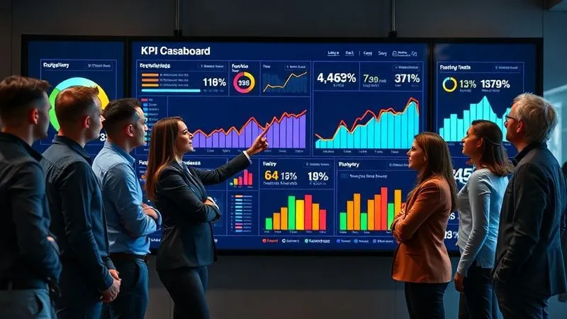 Photorealistic image of a vibrant, interactive digital dashboard displaying key performance indicators (KPIs) with upward trending graphs and positive metrics. A diverse team of professionals stands around it, engaged in discussion, with one pointing to a specific data point. Professional photography, 8K, cinematic lighting, sharp focus on the screen and team, depth of field blurring the background, shot on a high-end DSLR. Evokes success, clarity, and collaborative progress.