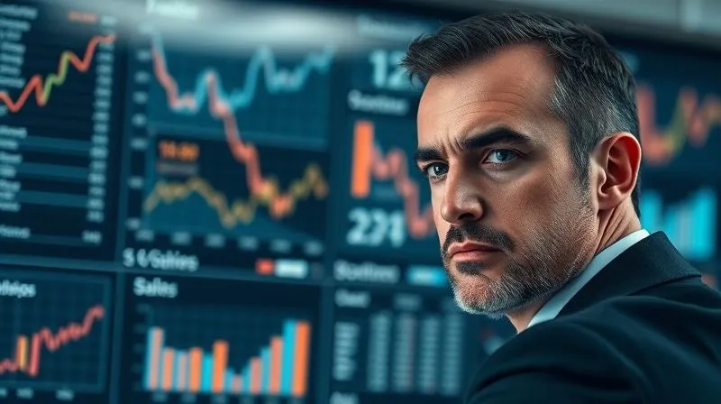 photorealistic, professional photography, 8K, cinematic lighting, sharp focus, depth of field, shot on a high-end DSLR, a businessman looking at a complex dashboard with declining sales charts, his expression serious but determined, data visualizations overlaying the scene.
