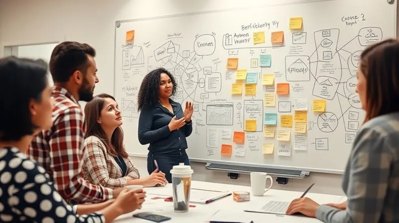 photorealistic, professional photography, 8K, cinematic lighting, sharp focus, depth of field, shot on a high-end DSLR, a diverse group of entrepreneurs in a bright, modern co-working space, actively brainstorming on a whiteboard filled with interconnected ideas, sticky notes, and diagrams, a sense of collaborative energy.