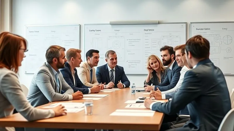 photorealistic, professional photography, 8K, cinematic lighting, sharp focus, depth of field, shot on a high-end DSLR, a diverse team of professionals around a large table, engaged in an animated discussion, whiteboards with strategic plans in the background, a sense of shared purpose and collaboration.