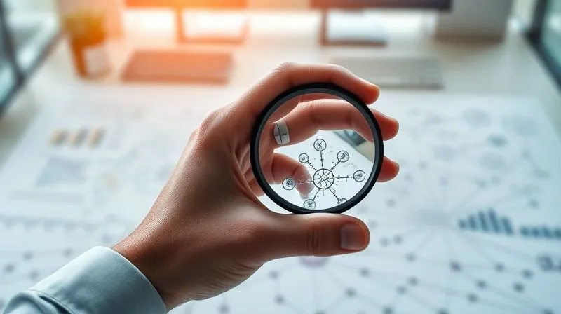 photorealistic, professional photography, 8K, cinematic lighting, sharp focus, depth of field, shot on a high-end DSLR, a hand holding a magnifying glass over a complex, abstract business diagram, highlighting key interconnected nodes. The background is a soft-focused modern office environment, symbolizing deep analysis and problem-solving.